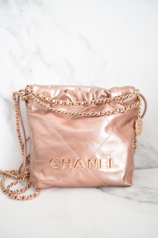 Chanel 22 Mini Quilted Hobo Tote, Rose Gold Calfskin with Gold Hardware, New in Box GA003