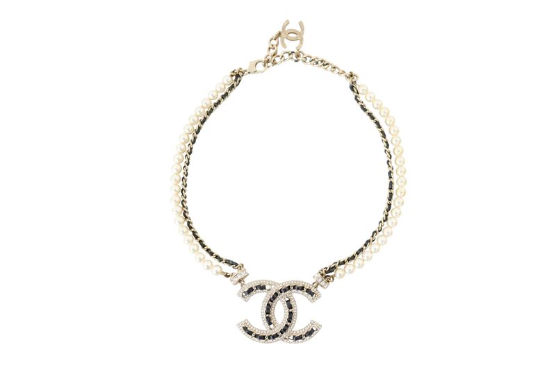 Chanel CC Multi-Chain Short Necklace, Pearl and Gold Hardware with Crystal, Preowned in Box WA001