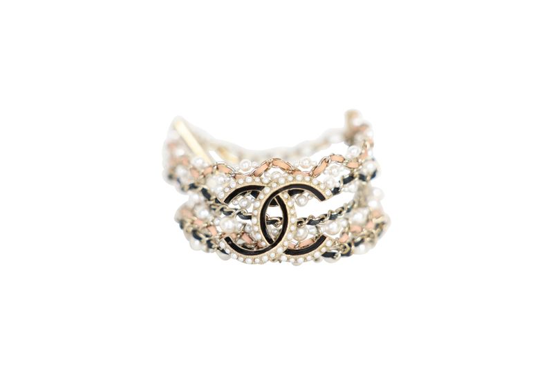 Chanel CC Multi-Chain Bracelet, Pearl and Gold Hardware with Black Leather, Preowned in Dustbag WA001