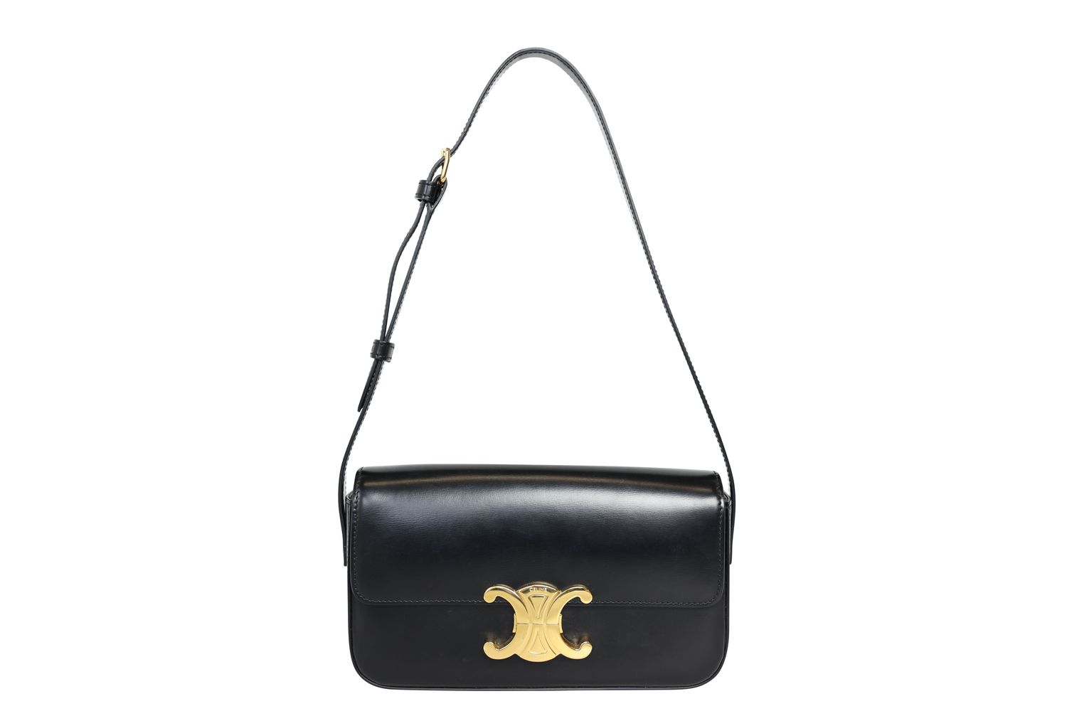 Celine Triomphe Claude Shoulder Bag, Black Shiny Calfskin and Gold Hardware, Preowned in Dustbag WA001