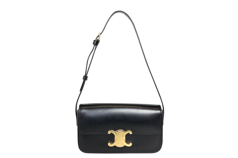 Celine Triomphe Claude Shoulder Bag, Black Shiny Calfskin and Gold Hardware, Preowned in Dustbag WA001
