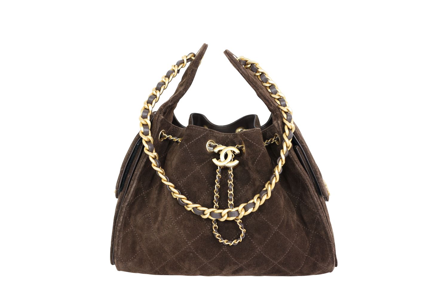 Chanel 25 Small Shoulder Bag, Brown Quilted Suede and Gold Hardware, Preowned in Box WA001