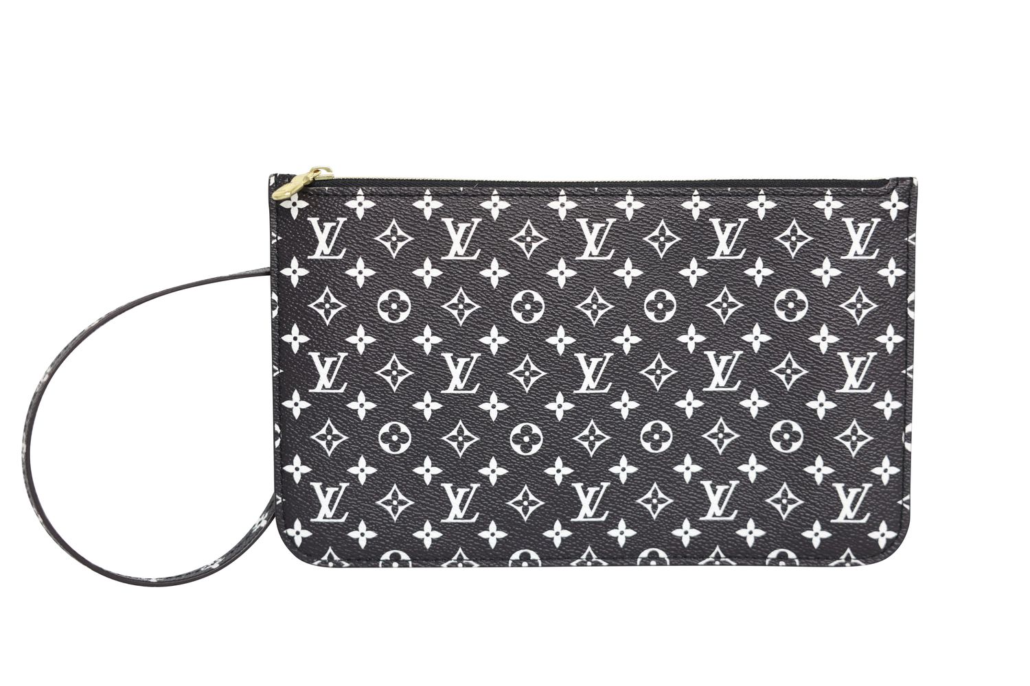 Louis Vuitton Neverfull Pochette, Black and White Monogram Canvas and Gold Hardware, Preowned WA001