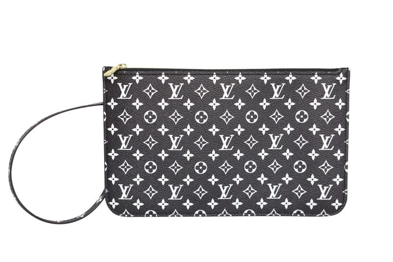 Louis Vuitton Neverfull Pochette, Black and White Monogram Canvas and Gold Hardware, Preowned WA001