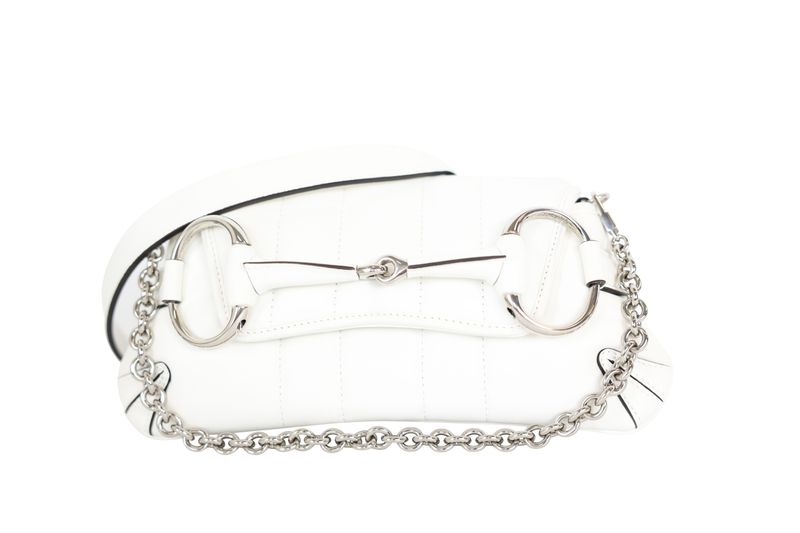 Gucci Horsebit Chain Small Shoulder Bag, White Nappa Leather and Silver Hardware, Preowned in Dustbag WA001