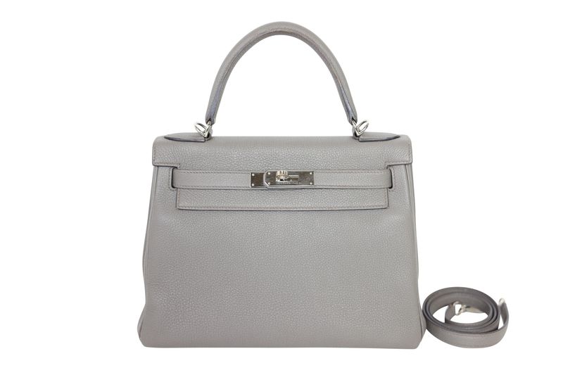 Hermes Kelly 28 Retourne Handbag, Gray Etain Togo Leather and Palladium Hardware, Z 2021 Stamp, Preowned in Box WA001
