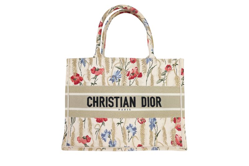 Christian Dior Small Dior Book Tote Bag, Beige Natural Floral Embroidered Canvas, Preowned in Dustbag WA001