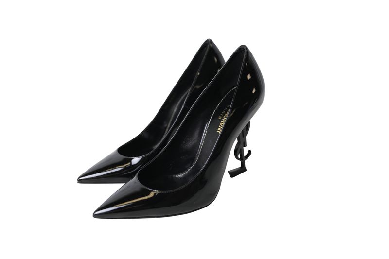 Saint Laurent Shoes Black Yves Ysl Opyum 110 Logo Patent Leather Heel Pumps, Size 38, New in Box WA001