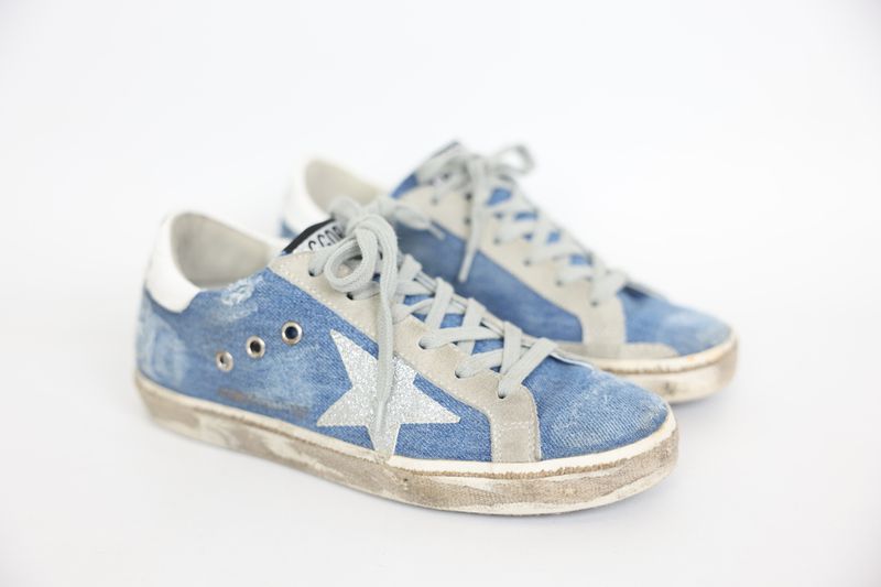 Golden Goose Shoes Denim Silver Glitter Star Distressed, Size 36, Preowned in Box WA001