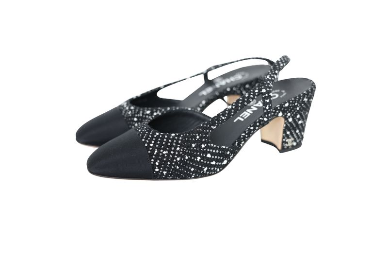 Chanel Slingback Pump Shoes, Black Tweed, Size 38.5, Preowned in Box WA001
