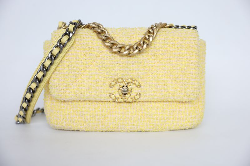 Chanel 19 Small Bag, Yellow Tweed and Mixed Hardware, Preowned in Box WA001
