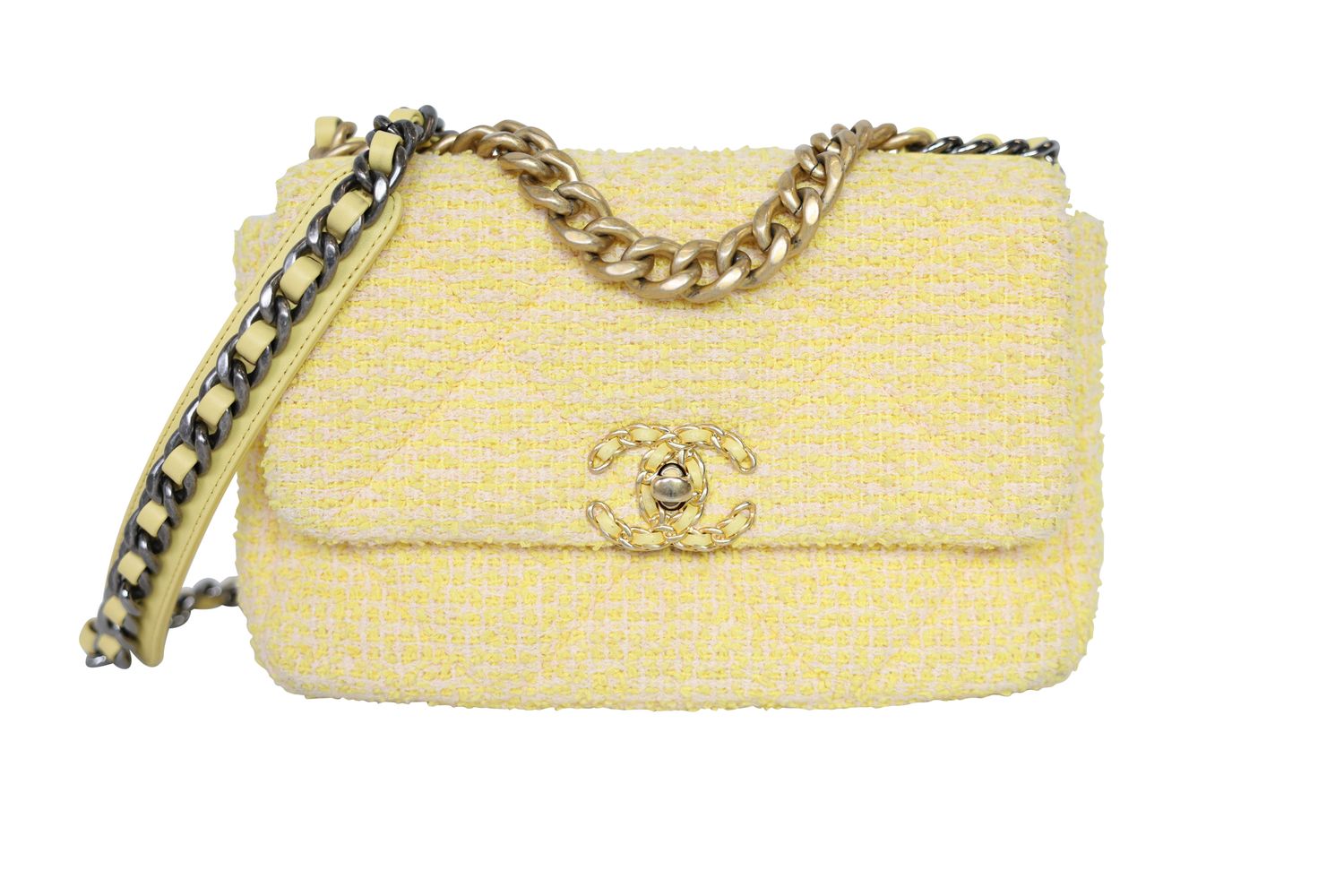 Chanel 19 Small Bag, Yellow Tweed and Mixed Hardware, Preowned in Box WA001