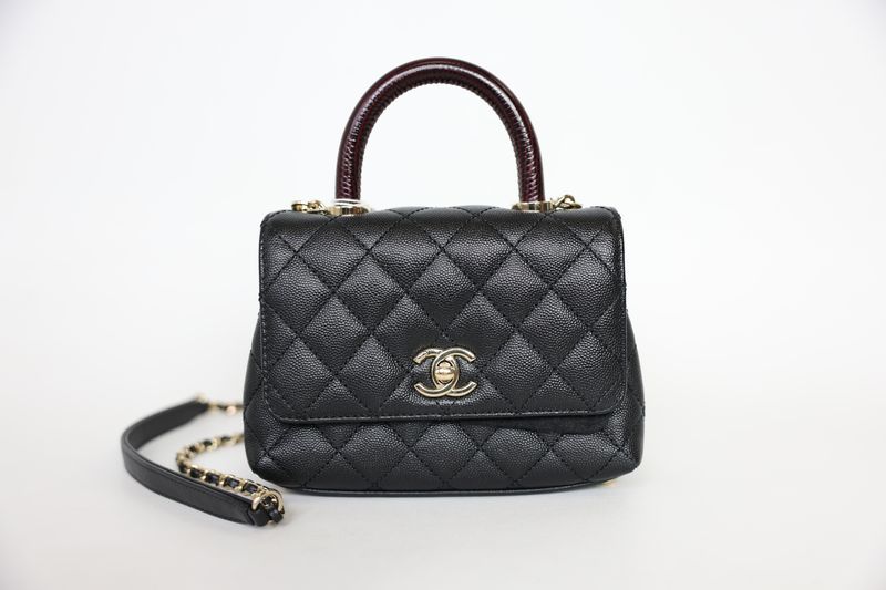 Chanel Coco Handle Extra Mini Bag, Black Quilted Caviar and Burgundy Leather Handle with Gold Hardware, Preowned in Box WA001