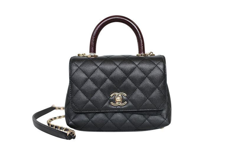 Chanel Coco Handle Extra Mini Bag, Black Quilted Caviar and Burgundy Leather Handle with Gold Hardware, Preowned in Box WA001