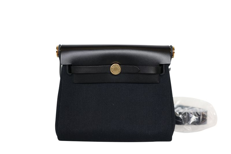 Hermes Herbag Zip 20 Mini Bag, Black Militaire Canvas and Hunter Cowhide with Gold Hardware, K 2025 Stamp, New in Box WA001