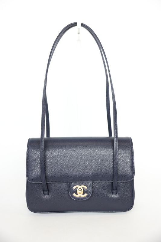 Chanel 26P Preppy Coco Flap with Long Strap Small Bag, Navy Dark Blue Grained Calfskin and Gold Hardware, New in Box WA001