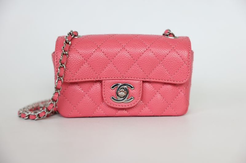 Chanel Classic Mini Bag, Pink Quilted Caviar Leather and Silver Hardware, Preowned in Box WA001