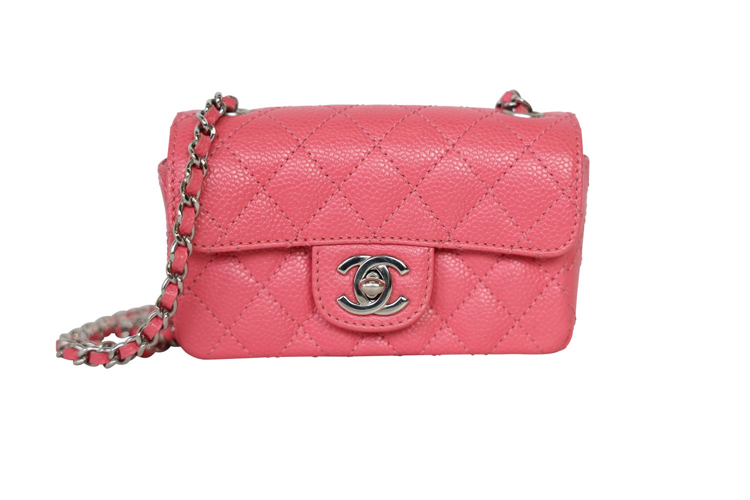 Chanel Classic Mini Bag, Pink Quilted Caviar Leather and Silver Hardware, Preowned in Box WA001