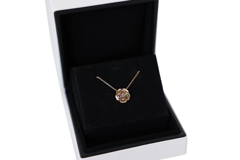 Chanel Camellia Necklace, 18k Rose Gold with a Diamond, New in Box WA001