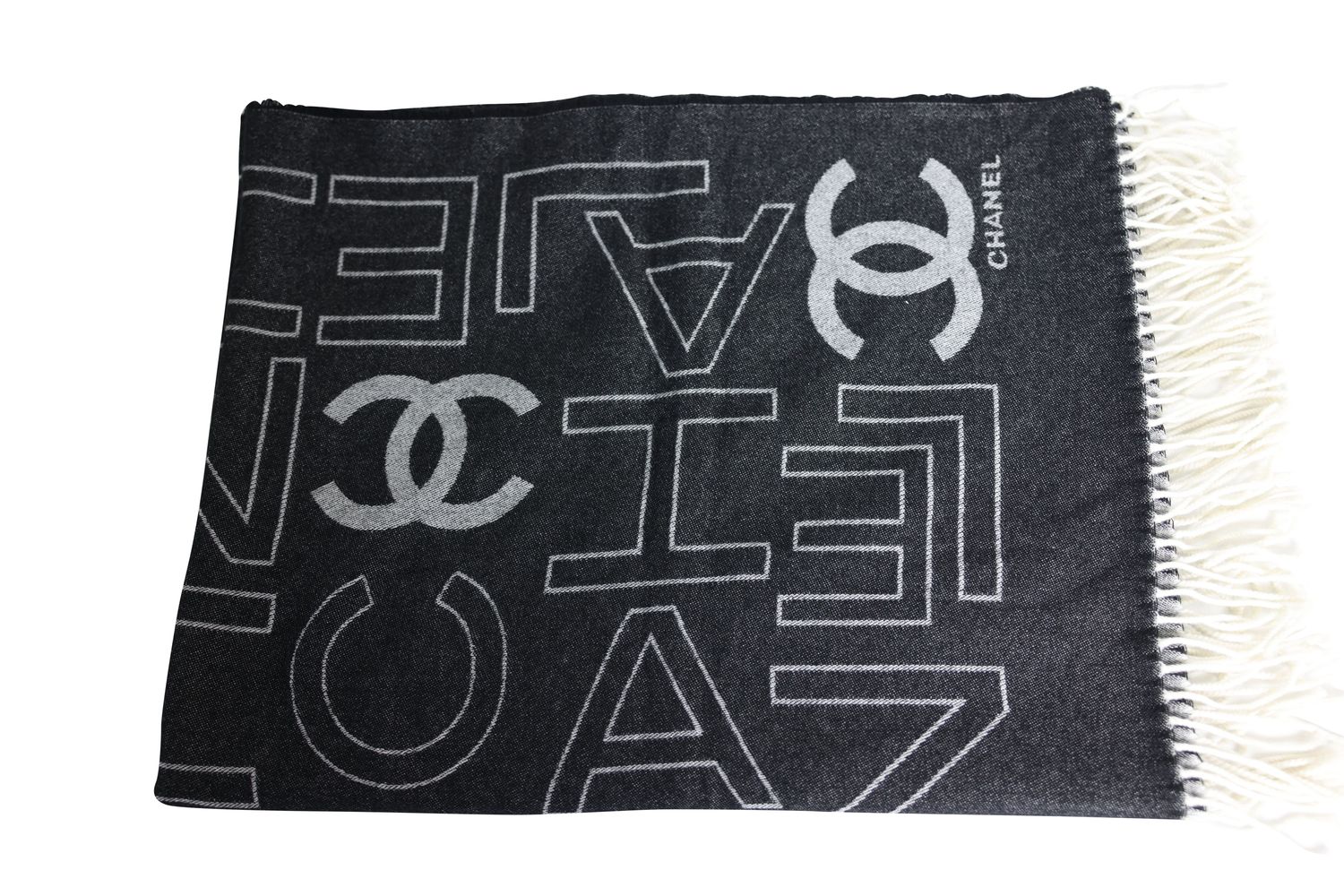 Chanel 23K Stole Scarf, Black and White Wool, New in Box WA001