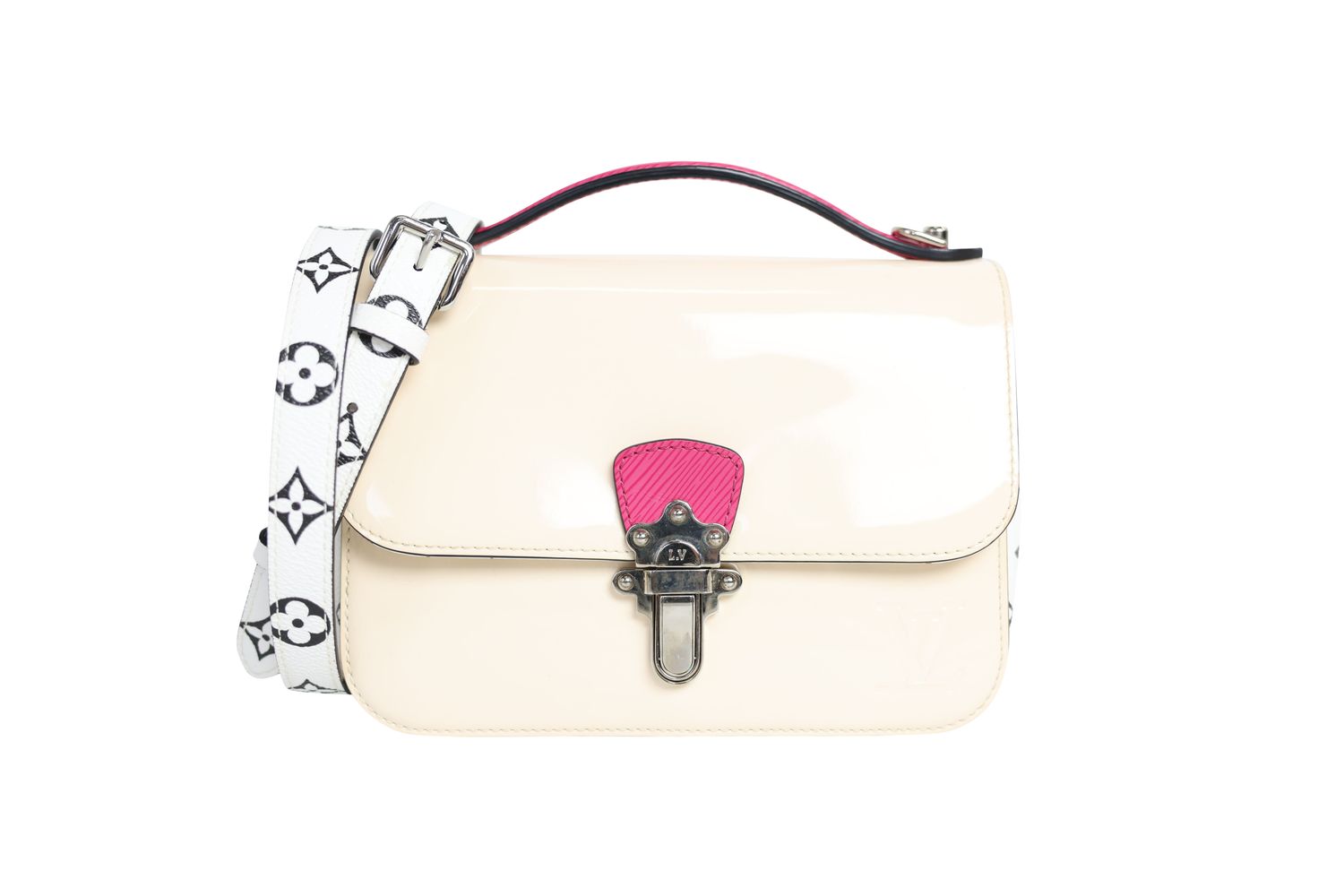 Louis Vuitton Cherrywood BB Bag, Cream Beige Patent Leather and Pink Trim with Silver Hardware, Preowned in Box WA001