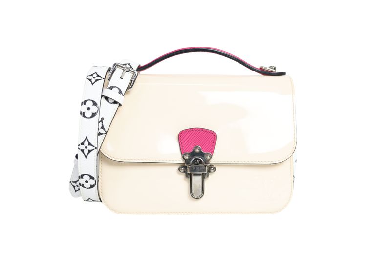 Louis Vuitton Cherrywood BB Bag, Cream Beige Patent Leather and Pink Trim with Silver Hardware, Preowned in Box WA001