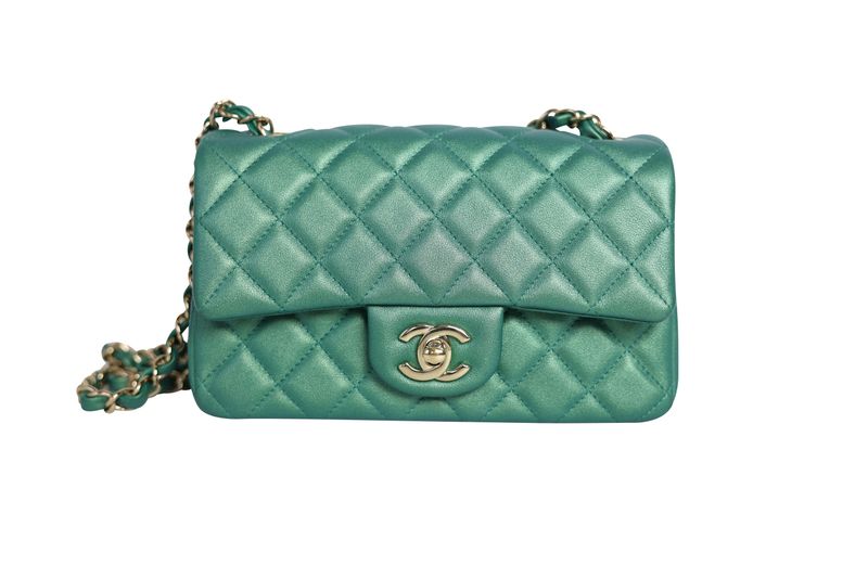 Chanel 22A Classic Mini Rectangular Bag, Iridescent Green Quilted Lambskin and Gold Hardware, Preowned in Box WA001