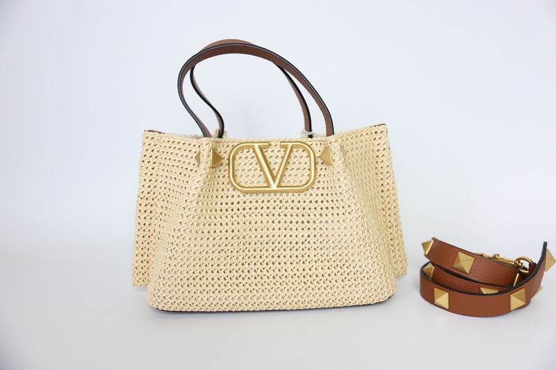 Valentino Garavani Summer Small Tote, Natural Raffia and Brown Leather with Gold Hardware, New in Dustbag WA001
