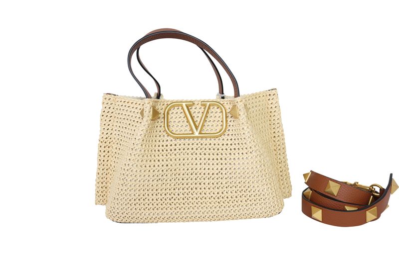 Valentino Garavani Summer Small Tote, Natural Raffia and Brown Leather with Gold Hardware, New in Dustbag WA001