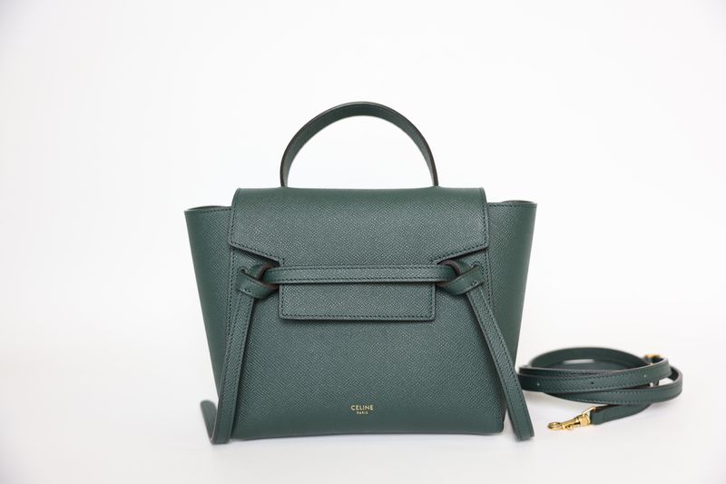 Celine Nano Belt Bag, Green Calfskin Leather and Gold Hardware, Preowned in Dustbag WA001