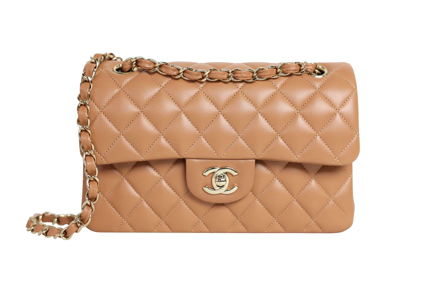 Chanel Classic 22A  Small Flap Bag, Caramel Brown Quilted Lambskin and Gold Hardware, Preowned in Box WA001