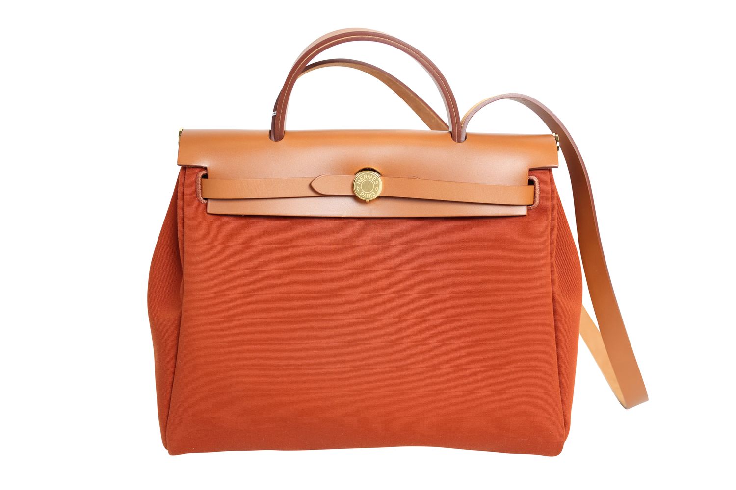 Hermes Herbag Zip 31 Bag, Tan Fauve Vache and Deep Orange Capucine Toile with Gold Hardware, Preowned in Dustbag WA001