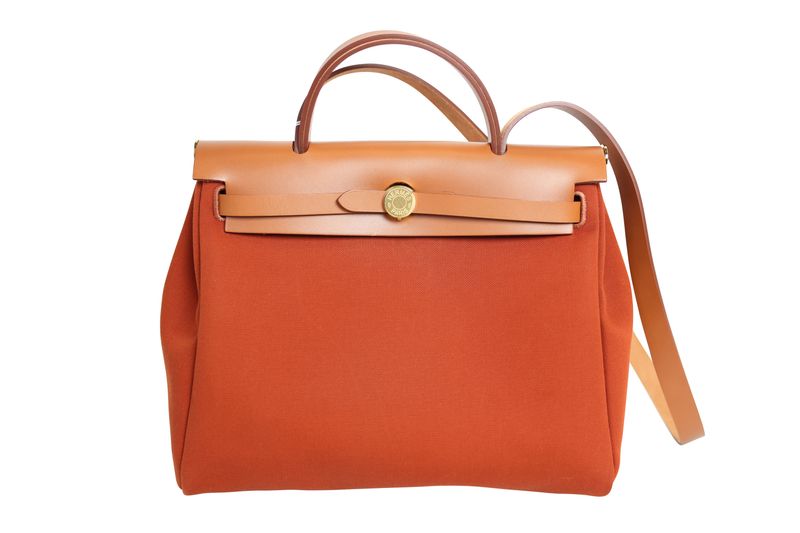 Hermes Herbag Zip 31 Bag, Tan Fauve Vache and Deep Orange Capucine Toile with Gold Hardware, Preowned in Dustbag WA001