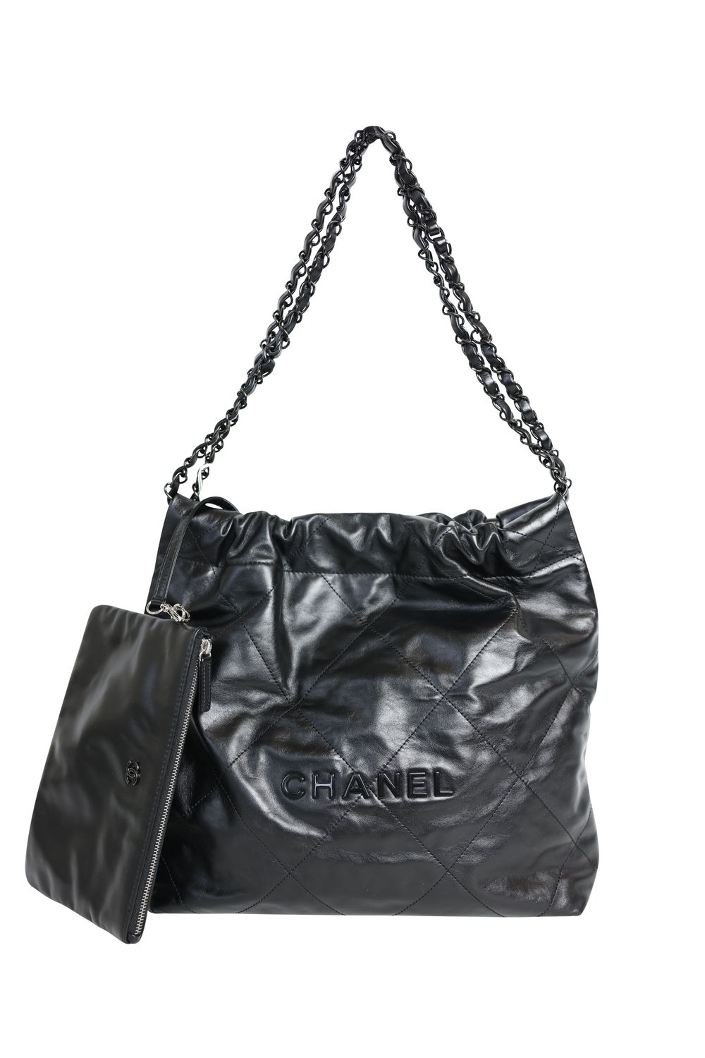 Chanel 22 Hobo Small Bag, Black Shiny Calfskin and Black Hardware, Preowned in Dustbag WA001