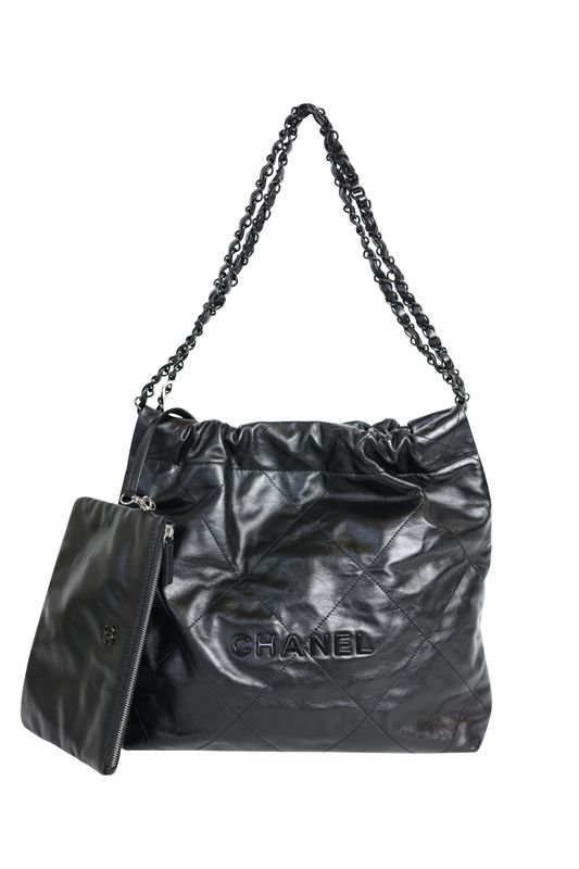 Chanel 22 Hobo Small Bag, Black Shiny Calfskin and Black Hardware, Preowned in Dustbag WA001