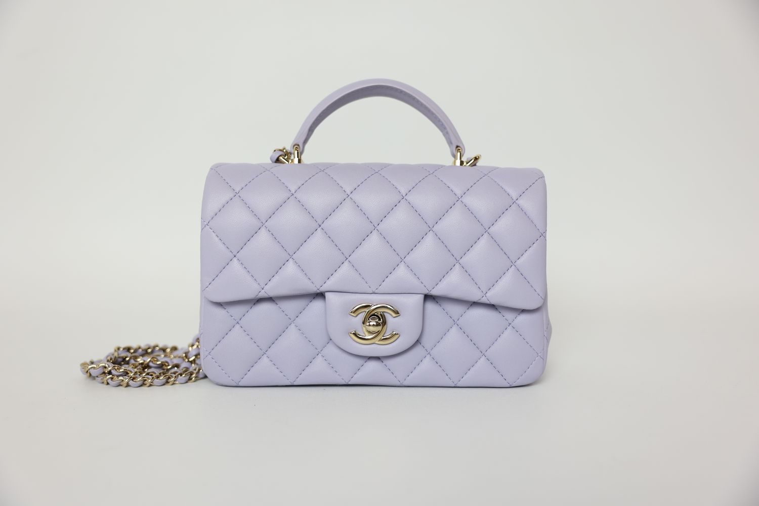 Chanel 21K Top Handle Mini Rectangular Bag, Lavender Purple Quilted Leather and Gold Hardware, Preowned in Box WA001