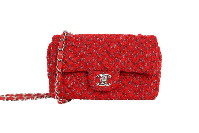 Chanel Flap Mini Bag, Red Tweed and Silver Hardware, Preowned in Box WA001