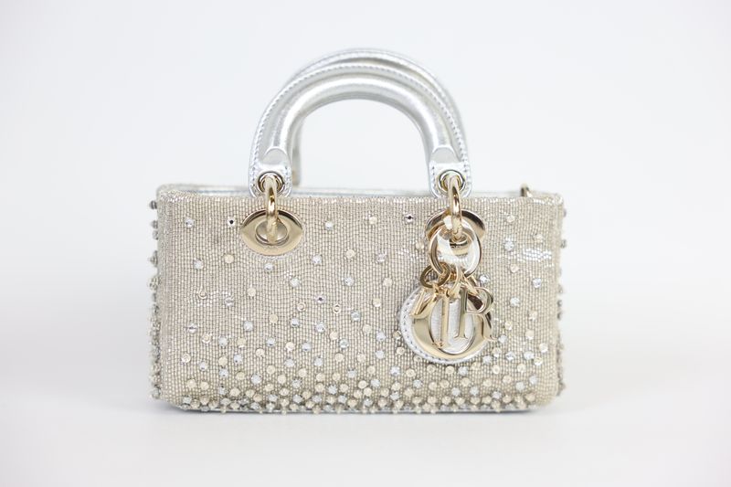 Christian Dior Lady D-Joy Micro Bag, Metallic Silver Lambskin with Embroidered Beaded Crystal and Gold Hardware, New in Box WA001