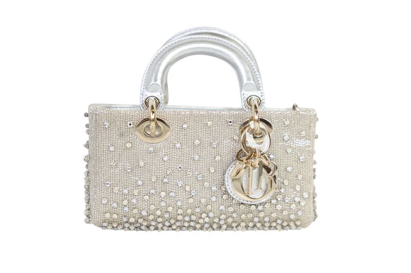 Christian Dior Lady D-Joy Micro Bag, Metallic Silver Lambskin with Embroidered Beaded Crystal and Gold Hardware, New in Box WA001