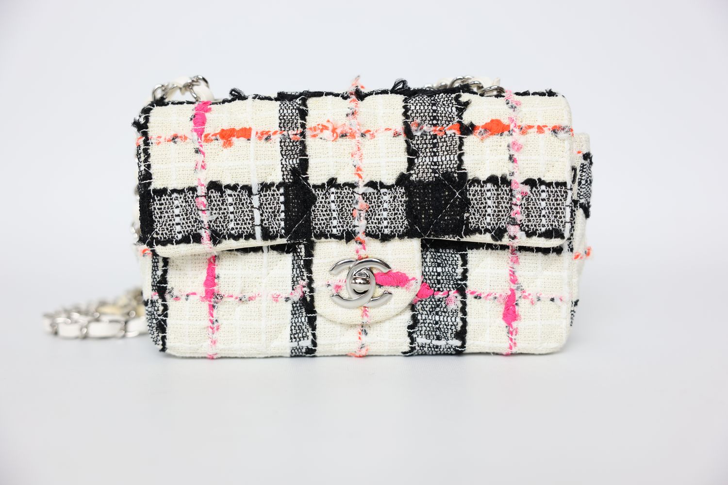 Chanel Classic 20S Rectangular Mini Bag, Black and White Tweed with Silver Hardware, Preowned in Box WA001