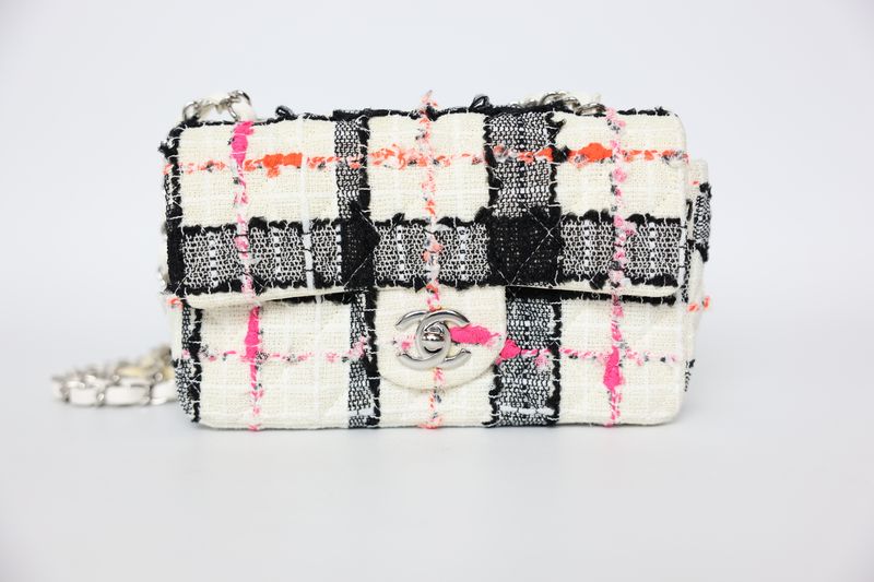 Chanel Classic 20S Rectangular Mini Bag, Black and White Tweed with Silver Hardware, Preowned in Box WA001