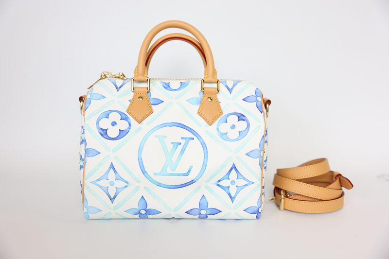 Louis Vuitton Lagoon Speedy Bandoulière 25 Bag, White and Blue Monogram Tile Canvas and Gold Hardware, New in Box WA001