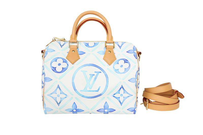 Louis Vuitton Lagoon Speedy Bandoulière 25 Bag, White and Blue Monogram Tile Canvas and Gold Hardware, New in Box WA001