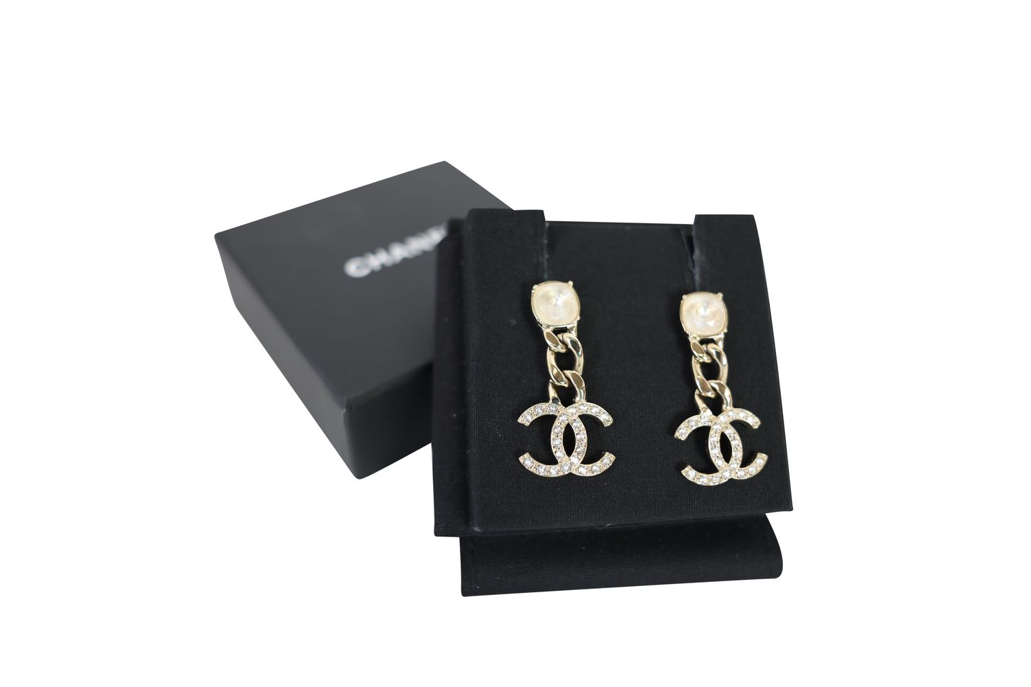 Chanel CC Drop 23C Earrings, Gold Finish with Crystal, Preowned in Box WA001