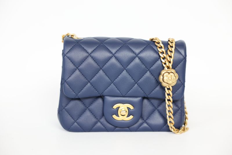 Chanel Classic Camellia Mini Flap Bag, Blue Quilted Lambskin and Gold Hardware, Preowned in Dustbag WA001
