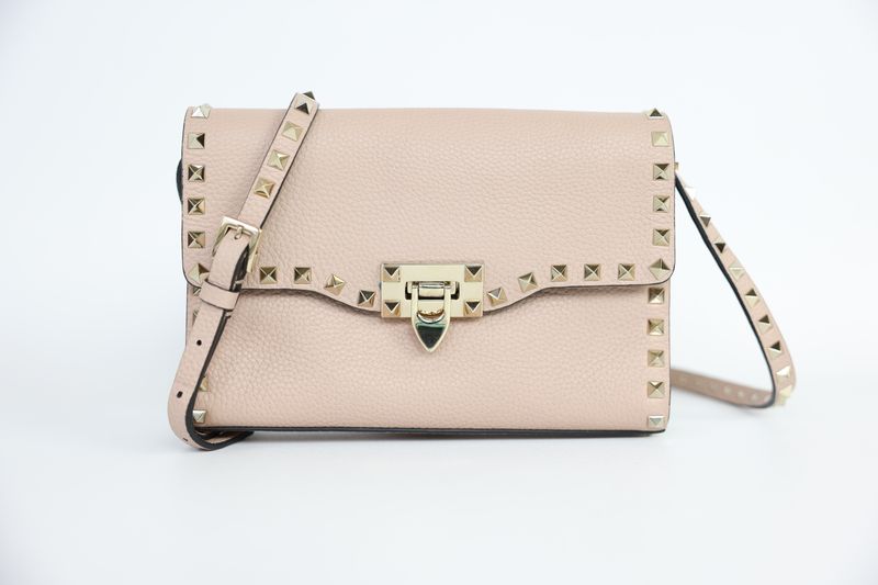 Valentino Garavani Rockstud Small Crossbody Bag, Nude Beige Grained  Leather and Gold Hardware, Preowned in Dustbag WA001