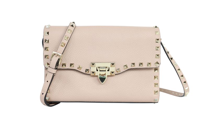 Valentino Garavani Rockstud Small Crossbody Bag, Nude Beige Grained  Leather and Gold Hardware, Preowned in Dustbag WA001