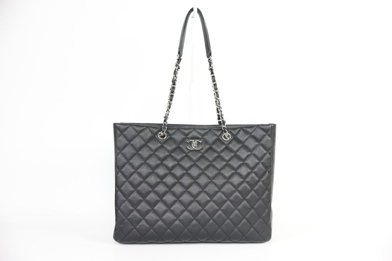 Chanel Timeless Shopping Tote Large Bag, Black Quilted Caviar Leather and Silver Hardware, Preowned in Box WA001