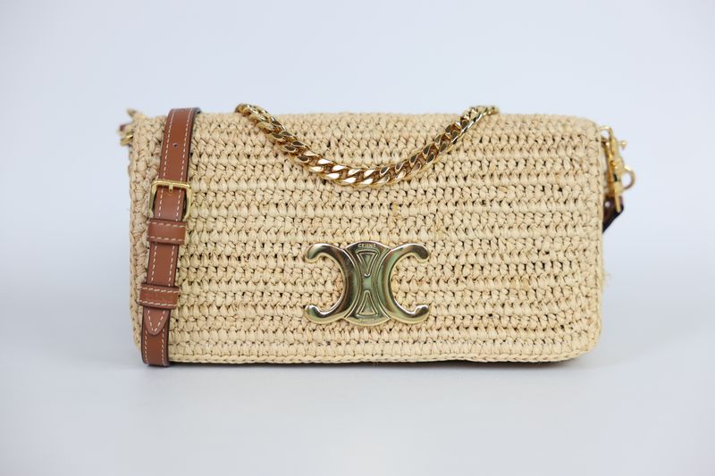 Celine Multipochette Bag, Natural Raffia with Tan Leather and Gold Hardware, Preowned in Box WA001