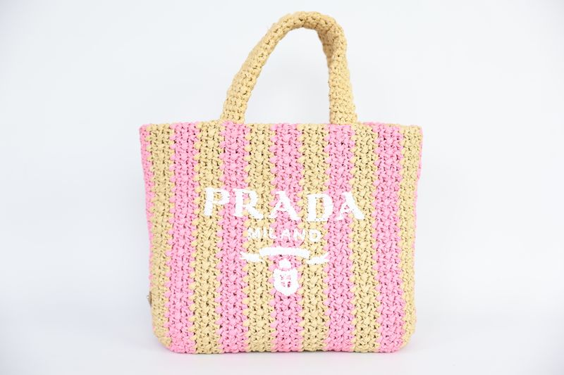 Prada Crochet Small Tote Bag, Pink and Natural Raffia, Preowned in Box WA001